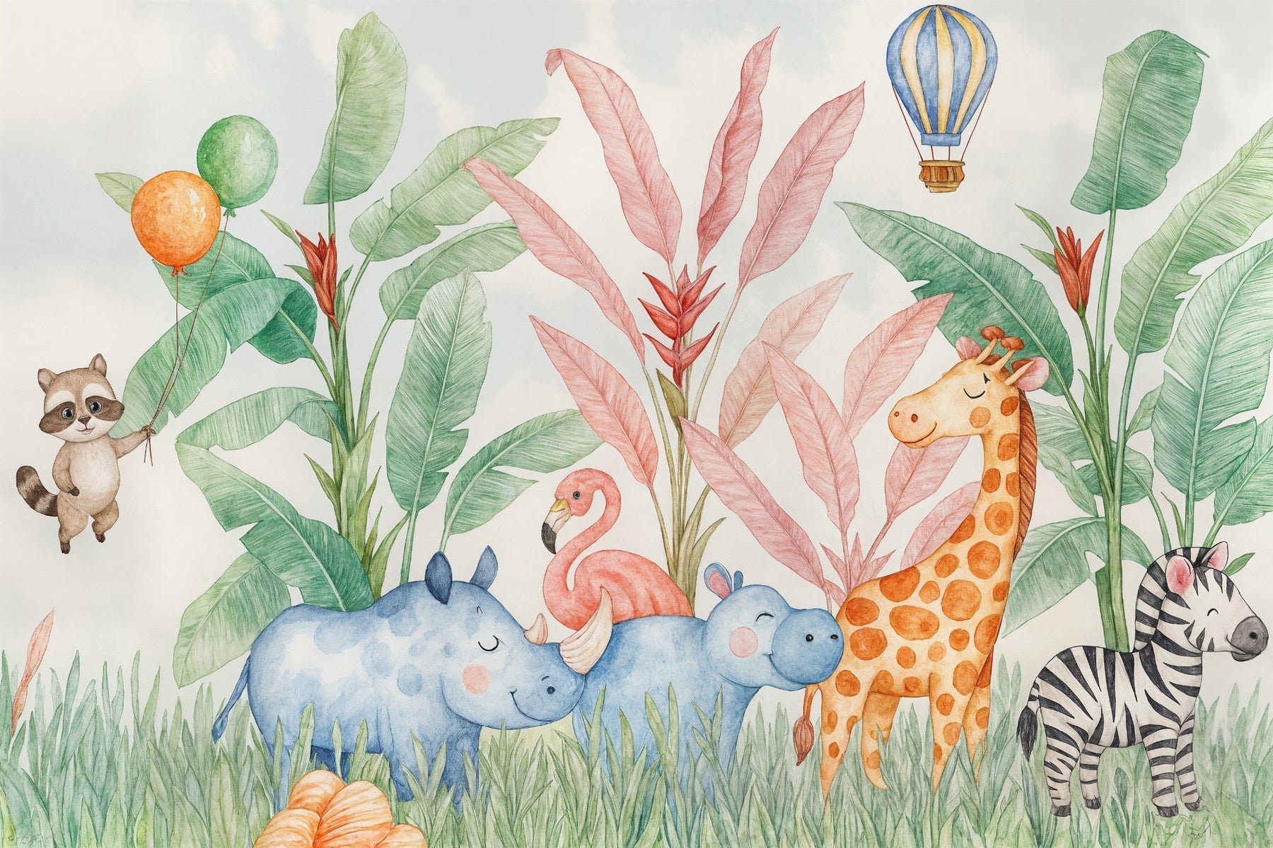Detailed jungle animals mural wallpaper design pattern with watercolor safari characters by Kids-Mundo