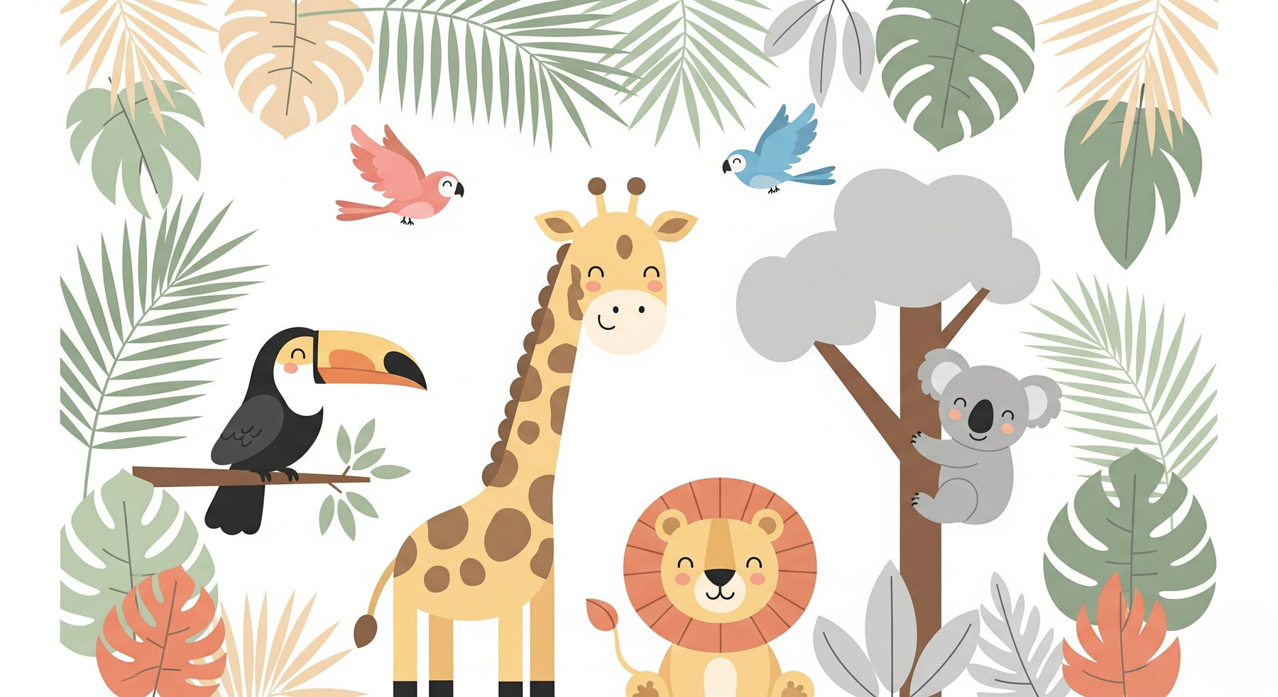 Detailed jungle animals mural wallpaper design pattern with tropical foliage by Kids-Mundo