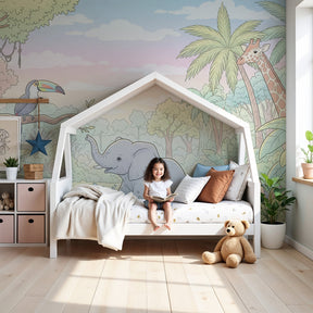 Jungle animals mural wallpaper with elephant and toucan in modern kids bedroom by Kids-Mundo