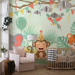 Tropical animals wallpaper creating festive atmosphere in children's bedroom with party decorations