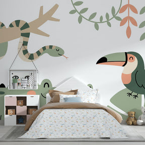 Jungle safari mural wallpaper creating adventurous kids bedroom decor with crocodile and toucan designs