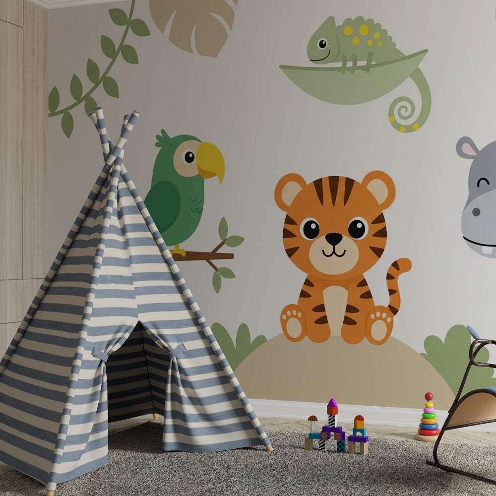 Safari themed mural wallpaper creating adventurous children's bedroom decor with playful animals