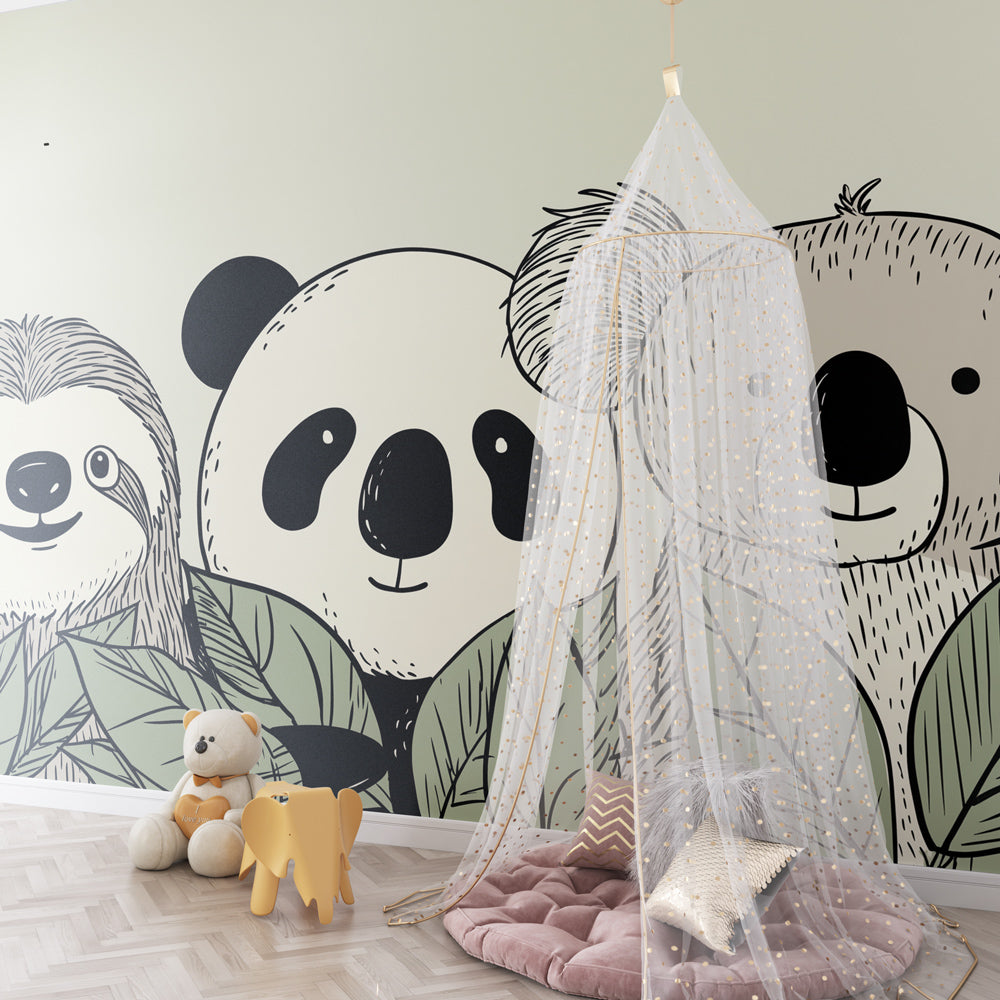 Safari animal wallpaper with sloth panda koala creating playful children's bedroom decor