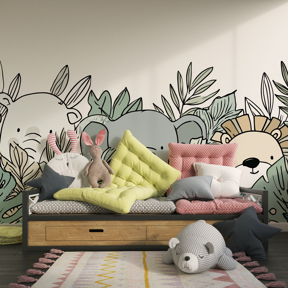 Safari wildlife wallpaper creating adventure-themed kids bedroom with green foliage design