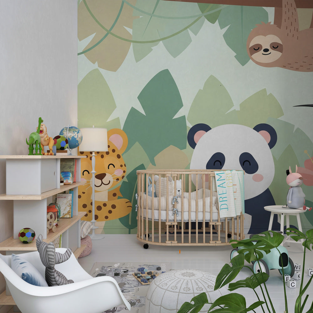 Safari animal wallpaper with panda and leopard creating adventurous kids bedroom decor