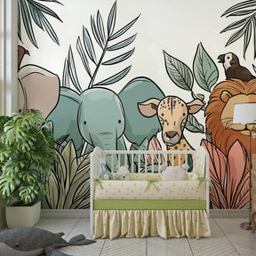 Safari animal wallpaper creating adventure-themed children's bedroom with natural decor