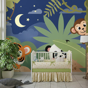 Safari animals wallpaper featuring starry night jungle scene in cozy kids room setting