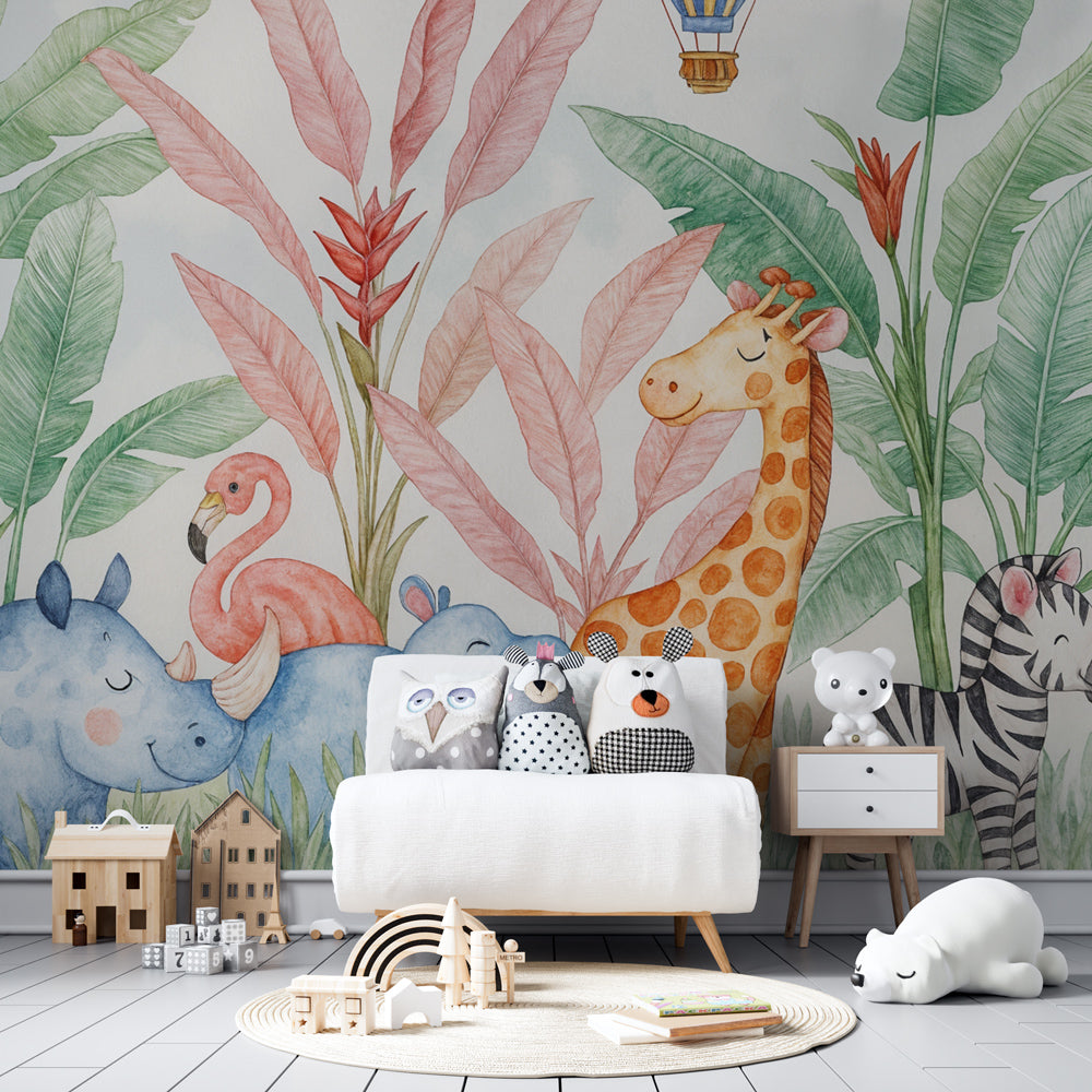 Cute jungle theme mural wallpaper with zebra and giraffe in colorful kids room setting