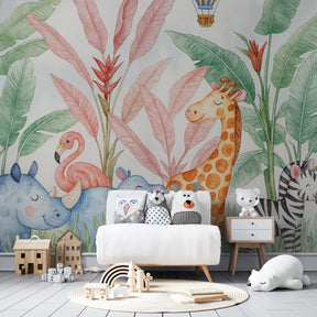 Cute jungle theme mural wallpaper with zebra and giraffe in colorful kids room setting