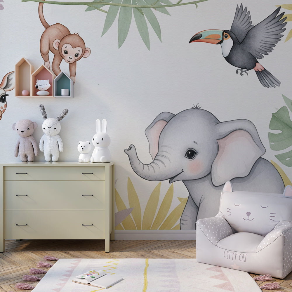 Safari animals wallpaper with giraffe and elephant in children's room by Kids-Mundo