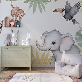 Safari animals wallpaper with giraffe and elephant in children's room by Kids-Mundo