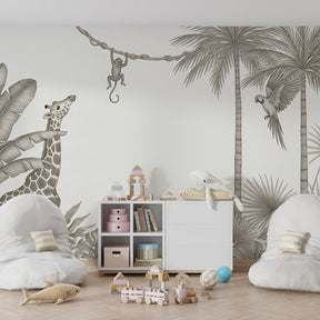 Giraffe and monkey jungle wallpaper transforming kids room into safari adventure space
