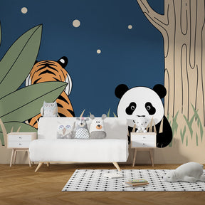 Moonlit safari wallpaper creating magical atmosphere in children's bedroom decor