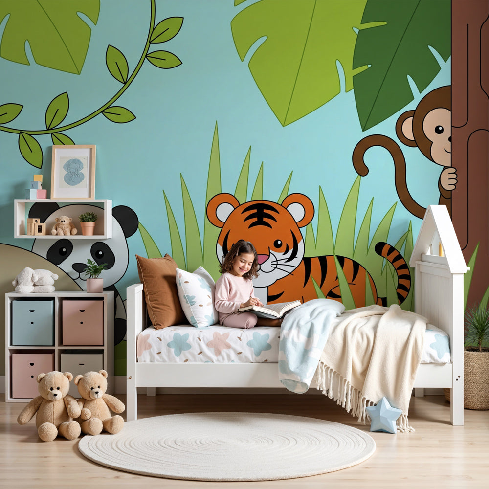 Jungle animals mural wallpaper in modern nursery with natural wood furniture by Kids-Mundo