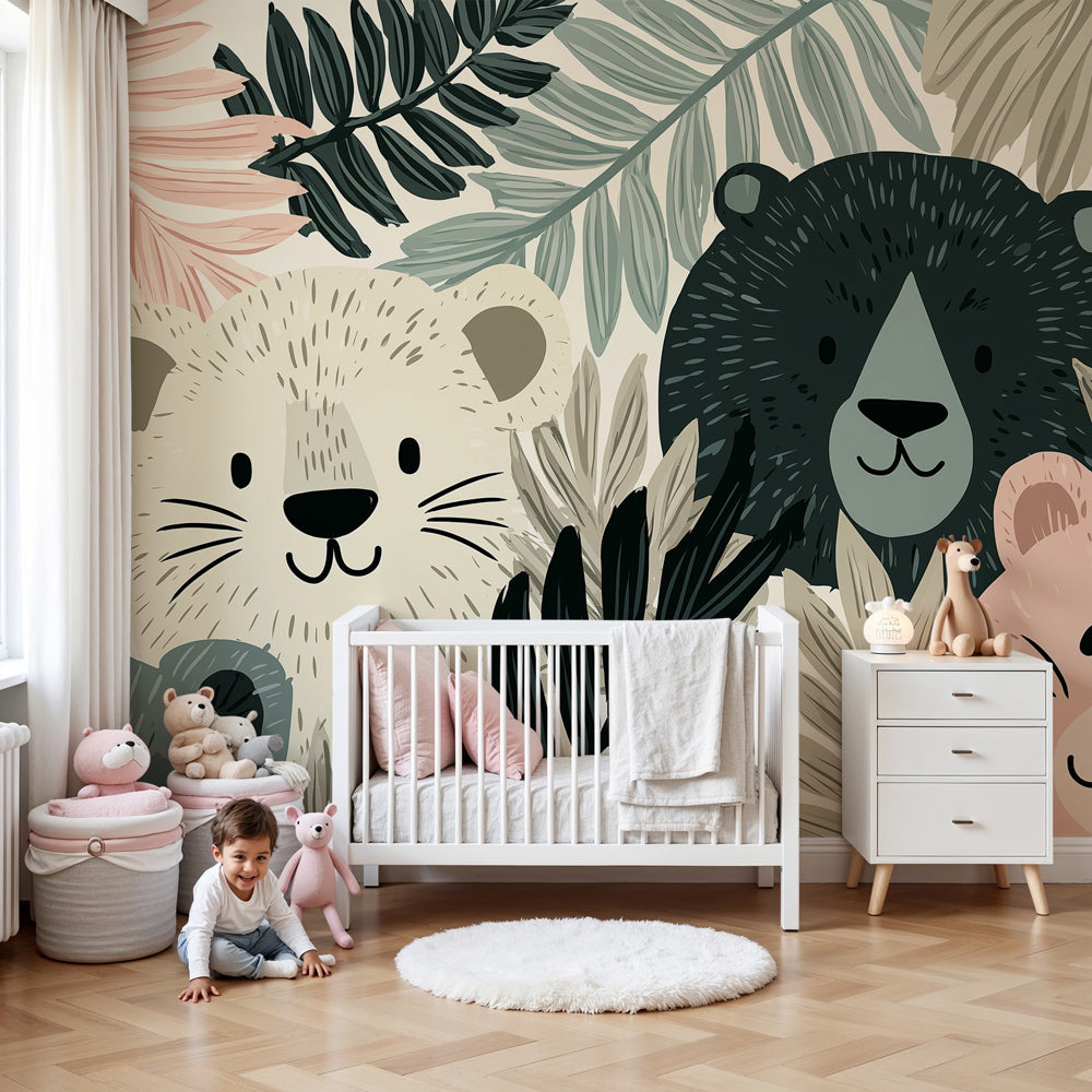 Jungle animals mural wallpaper creating cozy baby nursery with cute bears and tropical foliage by Kids-Mundo