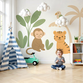 Jungle animals mural wallpaper with monkey and tiger in modern nursery room by Kids-Mundo