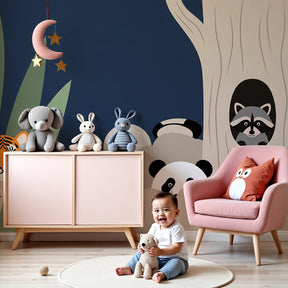 Jungle animals mural wallpaper in modern nursery with natural wood crib by Kids-Mundo