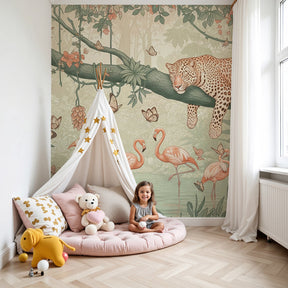 Jungle animals mural wallpaper with leopard and flamingos in modern nursery by Kids-Mundo