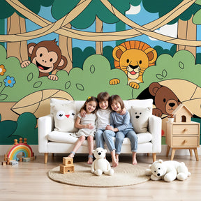 Jungle animals mural wallpaper in modern baby nursery with white crib by Kids-Mundo