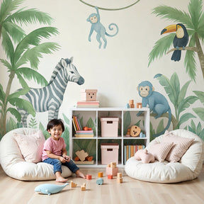Jungle animals mural wallpaper with zebra and tropical foliage in modern nursery by Kids-Mundo