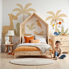 Tropical jungle animals mural wallpaper creating safari-themed nursery decor by Kids-Mundo