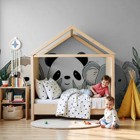 Cute jungle animals mural wallpaper in modern nursery with sloth panda koala design by Kids-Mundo