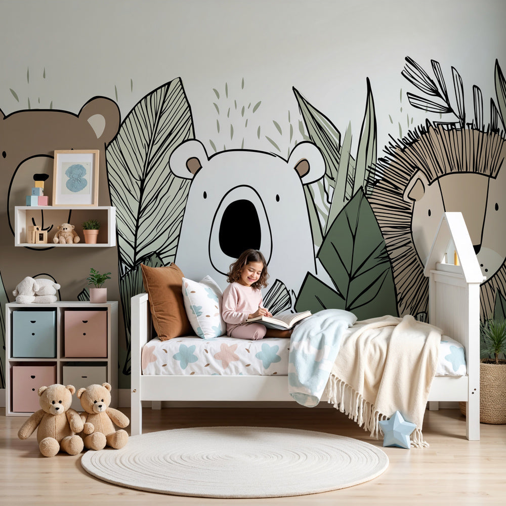Jungle animals mural wallpaper featuring playful bear and lion in modern nursery by Kids-Mundo