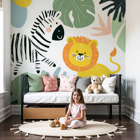 Jungle animals mural wallpaper with zebra, lion and parrot in modern nursery by Kids-Mundo