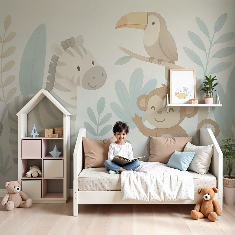 Jungle animals mural wallpaper in modern nursery with safari theme decor by Kids-Mundo