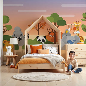 Jungle animals mural wallpaper creating vibrant safari nursery decor with playful wildlife by Kids-Mundo