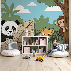 Jungle animals mural wallpaper with hide and seek safari theme in modern nursery by Kids-Mundo
