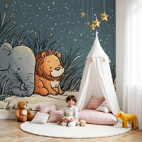 Jungle animals mural wallpaper with starry night theme in modern nursery by Kids-Mundo