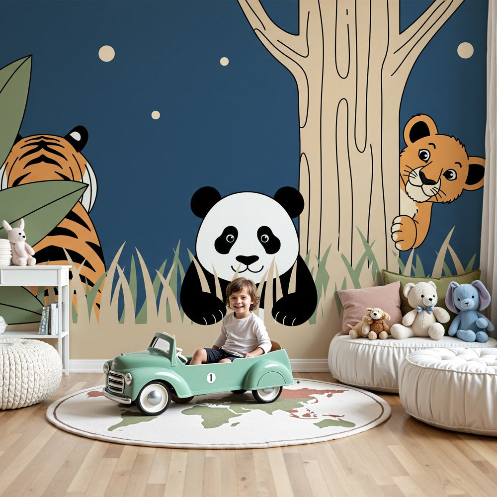 Jungle animals mural wallpaper with panda and tiger in cozy nursery room by Kids-Mundo
