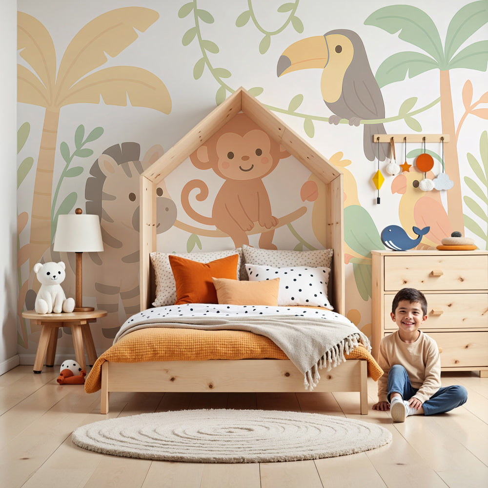 Jungle animals mural wallpaper featuring monkey and safari friends in modern nursery by Kids-Mundo