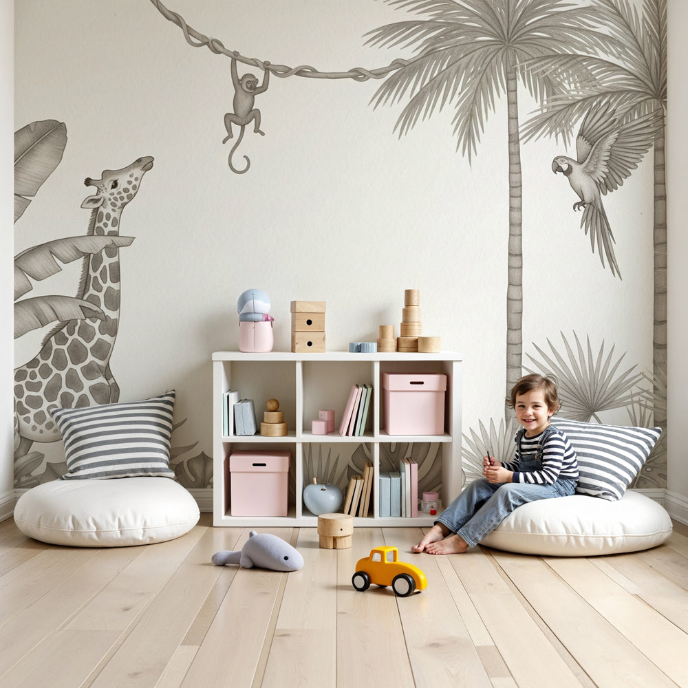 Monochrome jungle animals mural wallpaper with giraffe in modern nursery by Kids-Mundo