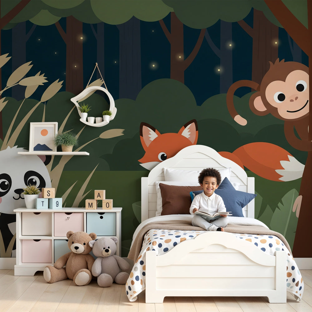 Jungle animals mural wallpaper in modern nursery with safari adventure theme by Kids-Mundo
