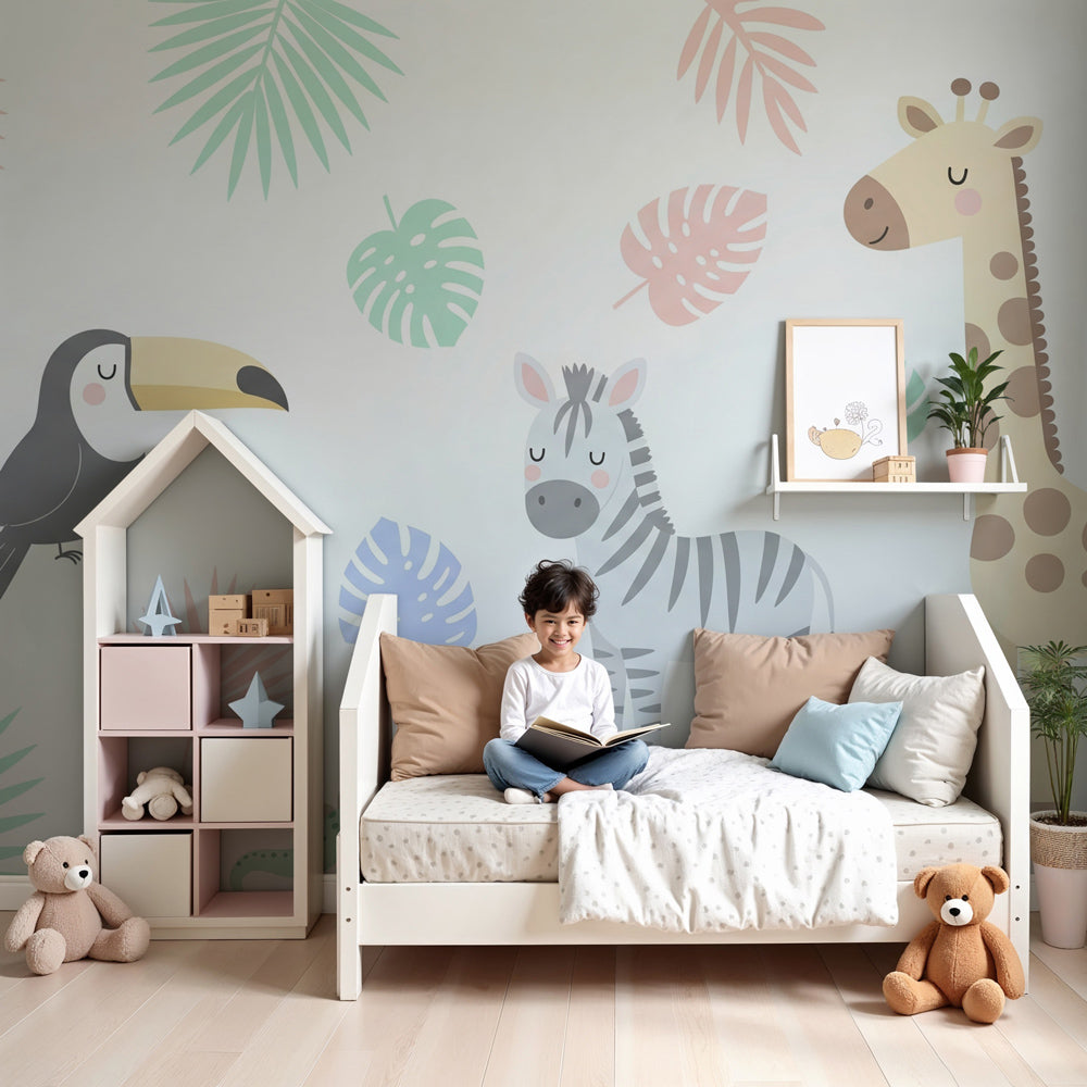 Tropical jungle animals mural wallpaper in modern nursery with wooden crib by Kids-Mundo
