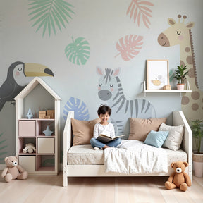 Tropical jungle animals mural wallpaper in modern nursery with wooden crib by Kids-Mundo