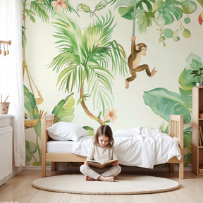 Tropical jungle animals mural wallpaper in modern nursery with natural wood furniture by Kids-Mundo