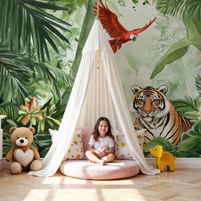 Exotic jungle animals mural wallpaper with tigers and red parrot in modern nursery by Kids-Mundo