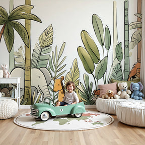 Jungle animals mural wallpaper in modern nursery with safari theme decor by Kids-Mundo