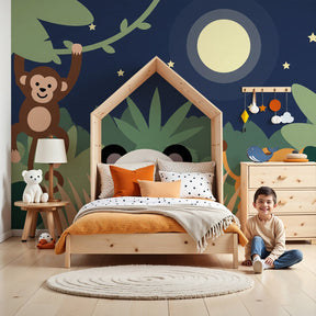 Jungle animals mural wallpaper creating magical nocturnal safari atmosphere in modern nursery by Kids-Mundo