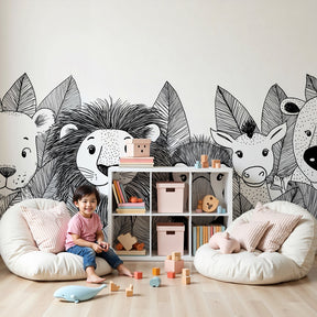 Black and white jungle animals mural wallpaper in modern nursery with safari theme by Kids-Mundo