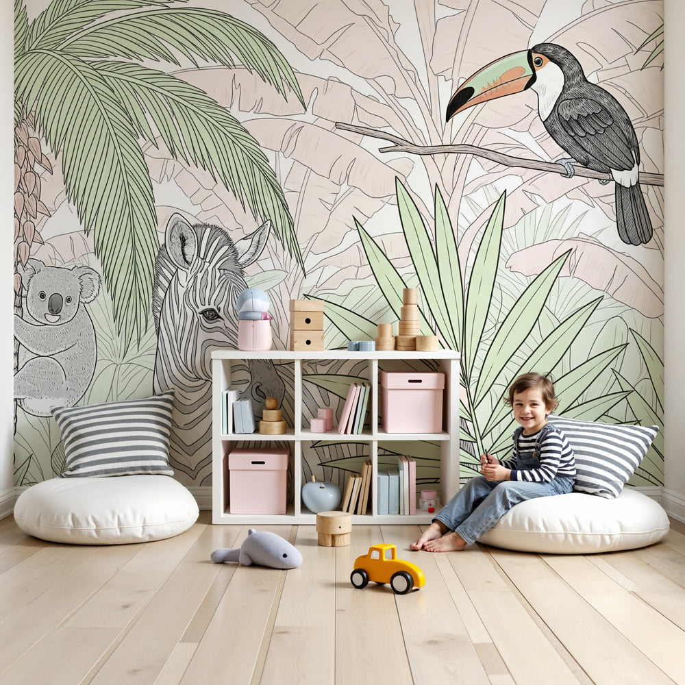 Jungle animals mural wallpaper with koala zebra toucan in modern nursery by Kids-Mundo