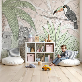 Jungle animals mural wallpaper with koala zebra toucan in modern nursery by Kids-Mundo