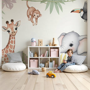 Jungle animals mural wallpaper in modern nursery with safari theme decor by Kids-Mundo