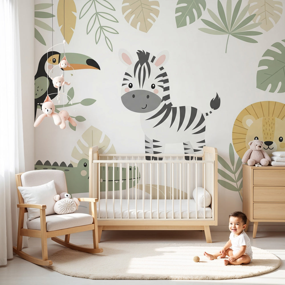 Jungle animals mural wallpaper creating magical safari nursery with toucan and zebra by Kids-Mundo