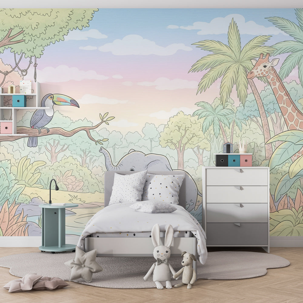Tropical elephant and toucan wallpaper creating adventurous nursery atmosphere with natural wood furniture