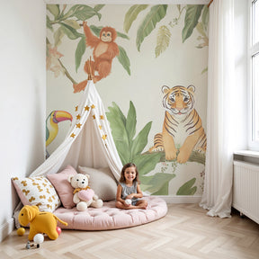 Jungle animals mural wallpaper with tiger and toucan creating tropical nursery decor by Kids-Mundo