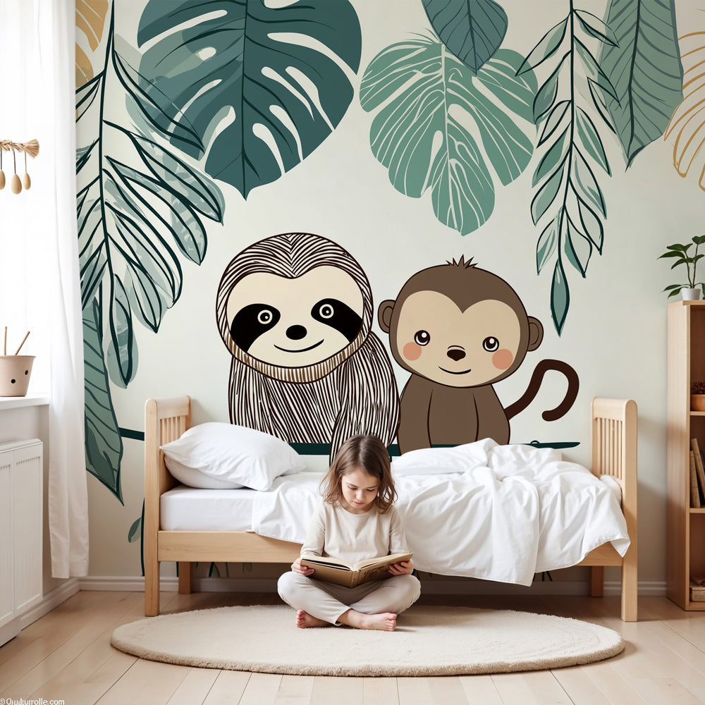 Jungle animals mural wallpaper with sloth and monkey in modern nursery by Kids-Mundo